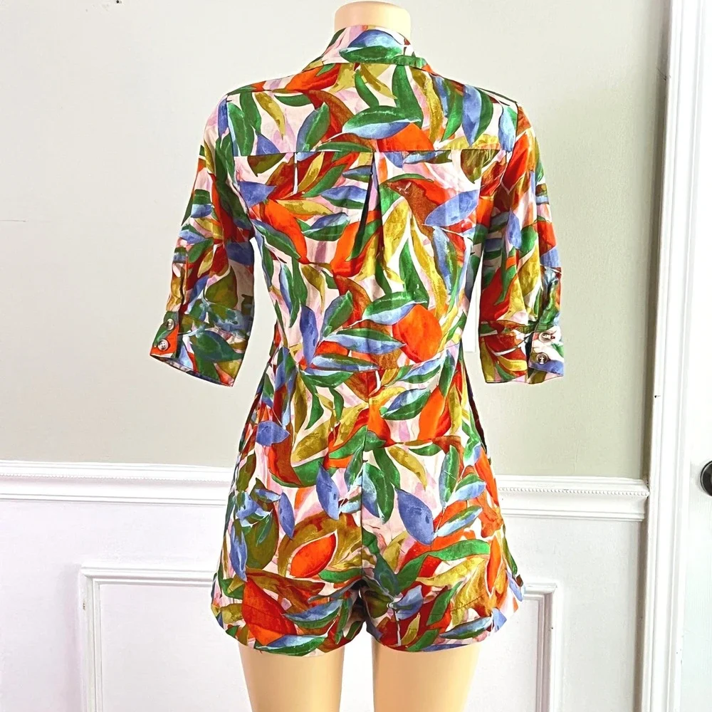 Karlie Romper Sz S Women Tropical Leaf Button Front Elbow Sleeve Multicolor Romp